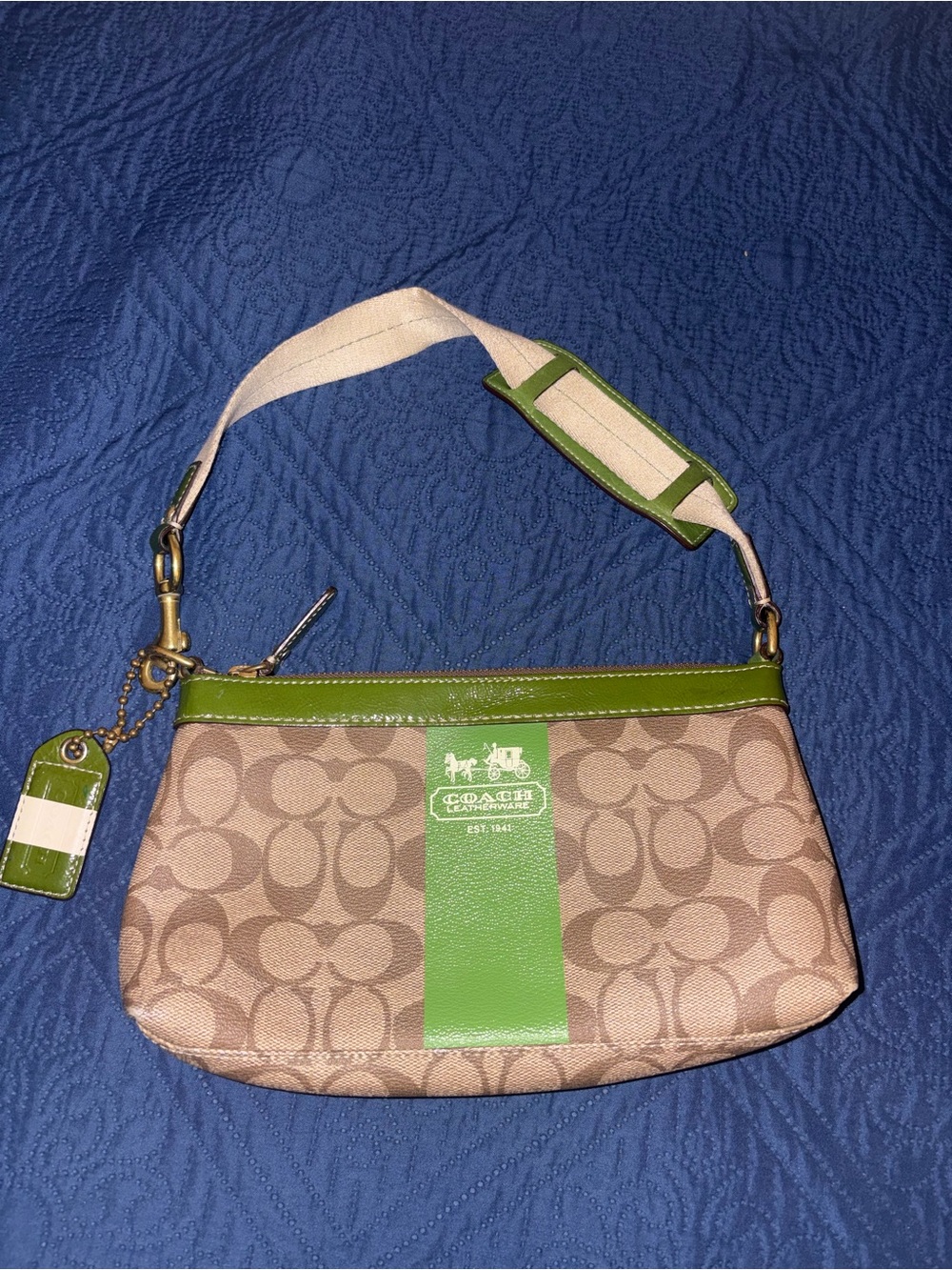 Coach Beige Signature Mini Shoulder Bag with Green Stripe